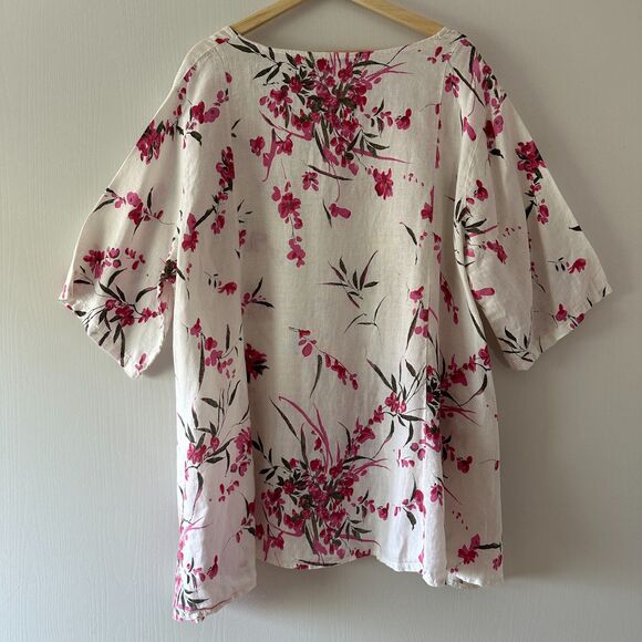 100% Lin Blanc Womens Linen Floral Tunic Top Coastal Lagenlook Boho‎ Size 42 2XL - Picture 7 of 8